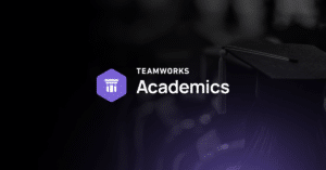 Teamworks Academics logo and branded gradient on top of a graduation image.