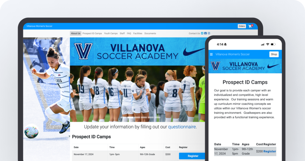 Villanova soccer academy mobile and web browser Camps