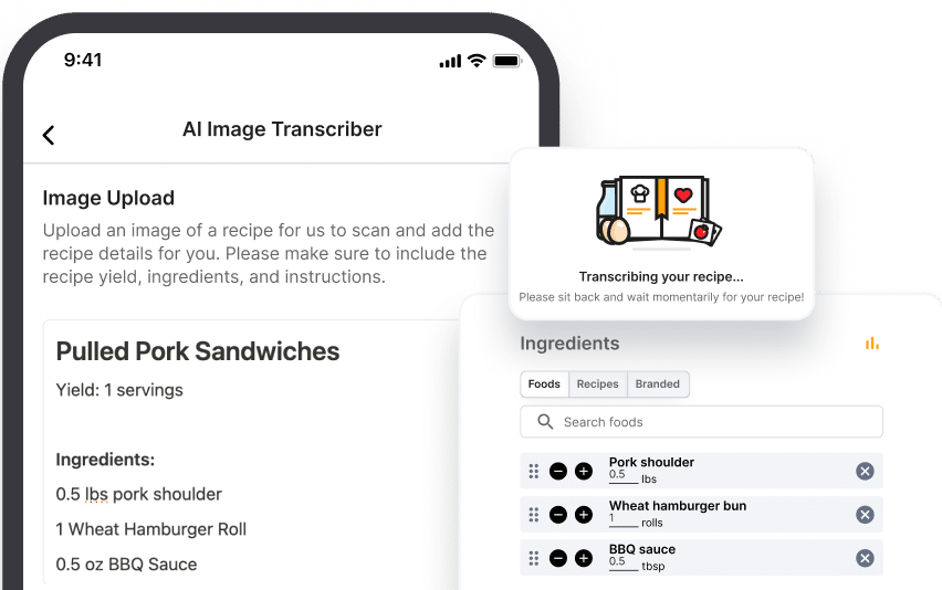 Animation of Teamworks Nutrition's AI Image Transcriber processing a recipe image into precise ingredients, showcasing the transcription process.